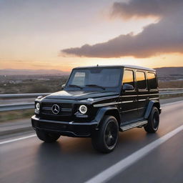 A hyper-realistic, futuristic scene of a shiny black Mercedes G-Wagon on a highway, bathed in the light of a beautiful sunset