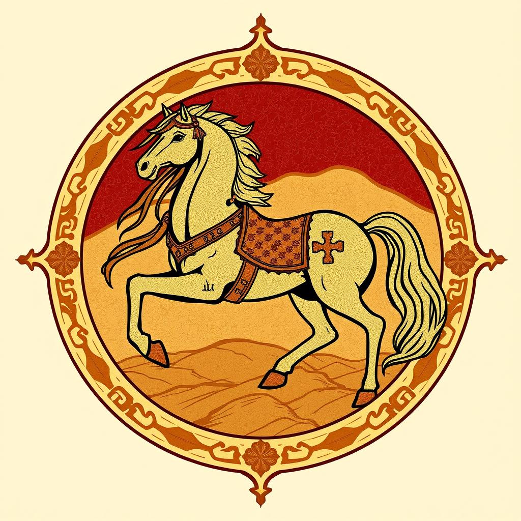 A medieval emblem representing a civilization similar to Mongolia or the Huns, prominently featuring a majestic horse as the central element