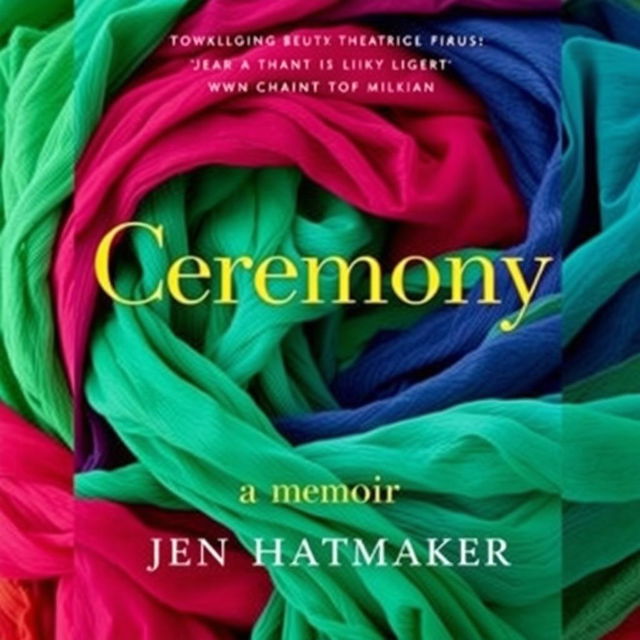 A stunning book cover design for "Ceremony: A Memoir" by Jen Hatmaker, featuring a luxurious background made of rebozos in vibrant gemstone colors such as deep emerald greens, rich sapphires, and striking rubies