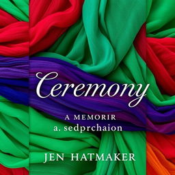 A stunning book cover design for "Ceremony: A Memoir" by Jen Hatmaker, featuring a luxurious background made of rebozos in vibrant gemstone colors such as deep emerald greens, rich sapphires, and striking rubies