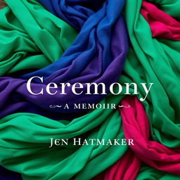 A stunning book cover design for "Ceremony: A Memoir" by Jen Hatmaker, featuring a luxurious background made of rebozos in vibrant gemstone colors such as deep emerald greens, rich sapphires, and striking rubies