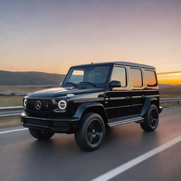 A hyper-realistic, futuristic scene of a shiny black Mercedes G-Wagon on a highway, bathed in the light of a beautiful sunset