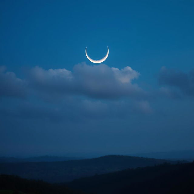 A scenic view featuring a crescent moon surrounded by soft, fluffy clouds against a deep blue sky