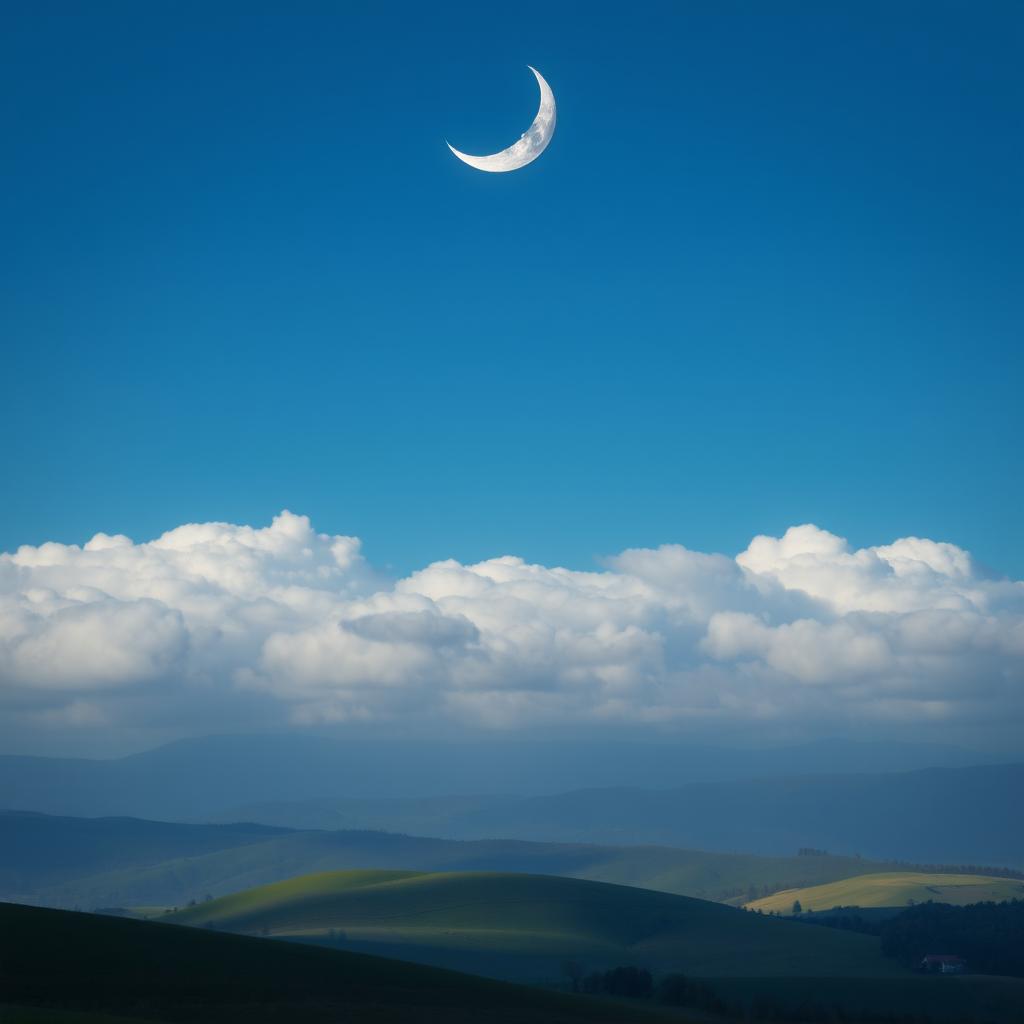 A scenic view featuring a crescent moon surrounded by soft, fluffy clouds against a deep blue sky