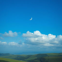 A scenic view featuring a crescent moon surrounded by soft, fluffy clouds against a deep blue sky