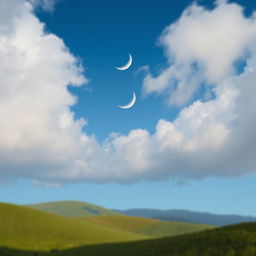 A scenic view featuring a crescent moon surrounded by soft, fluffy clouds against a deep blue sky