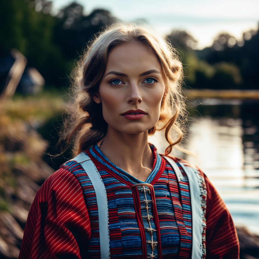 Close-up shot of a beautiful Estonian-European woman with blue eyes and golden hair, captured using a Phase One XF IQ4 150MP camera and a Phase One Macro 120mm f/4