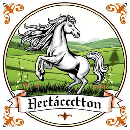 A medieval emblem featuring a powerful horse standing on its hind legs in a dynamic pose, set against a lush green prairie landscape