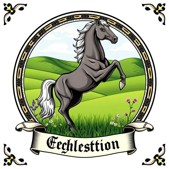 A medieval emblem featuring a powerful horse standing on its hind legs in a dynamic pose, set against a lush green prairie landscape