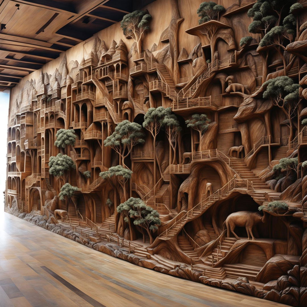 A 200m long wooden wall art piece, rendered in 32k resolution.