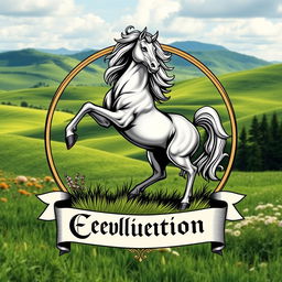 A medieval emblem featuring a powerful horse standing on its hind legs in a dynamic pose, set against a lush green prairie landscape
