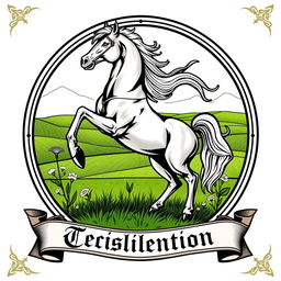 A medieval emblem featuring a powerful horse standing on its hind legs in a dynamic pose, set against a lush green prairie landscape