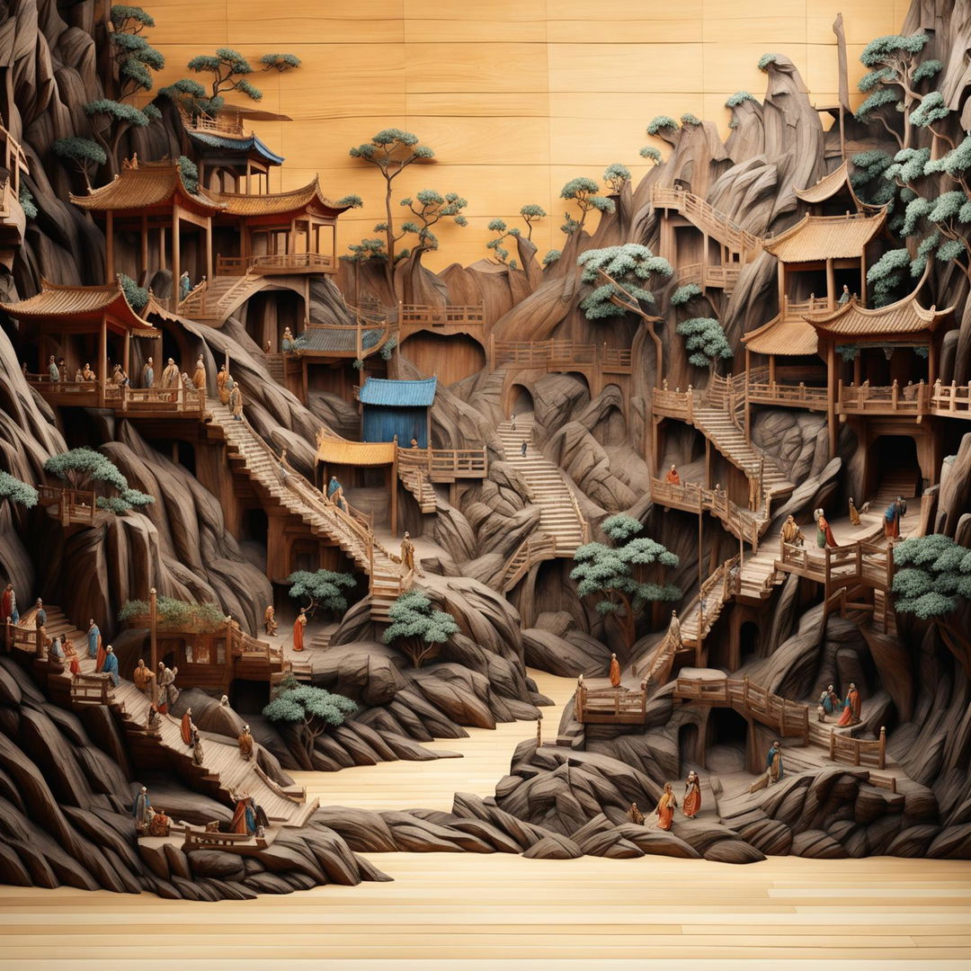 A 200m long wooden wall art piece, rendered in 32k resolution, depicting scenes from ancient China.