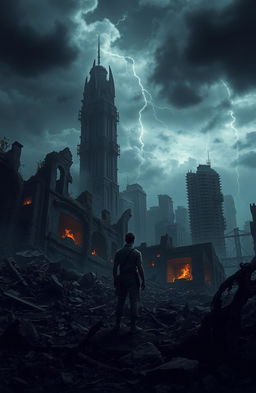 A dark apocalyptic landscape showcasing a desolate city in ruins, with crumbling skyscrapers and overgrown vegetation reclaiming the structures