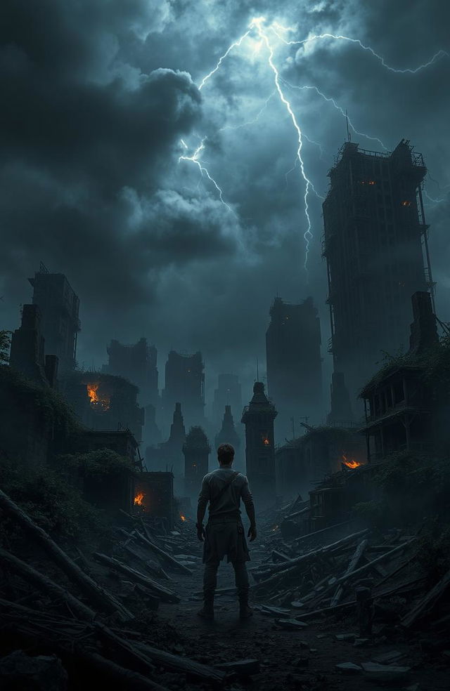 A dark apocalyptic landscape showcasing a desolate city in ruins, with crumbling skyscrapers and overgrown vegetation reclaiming the structures