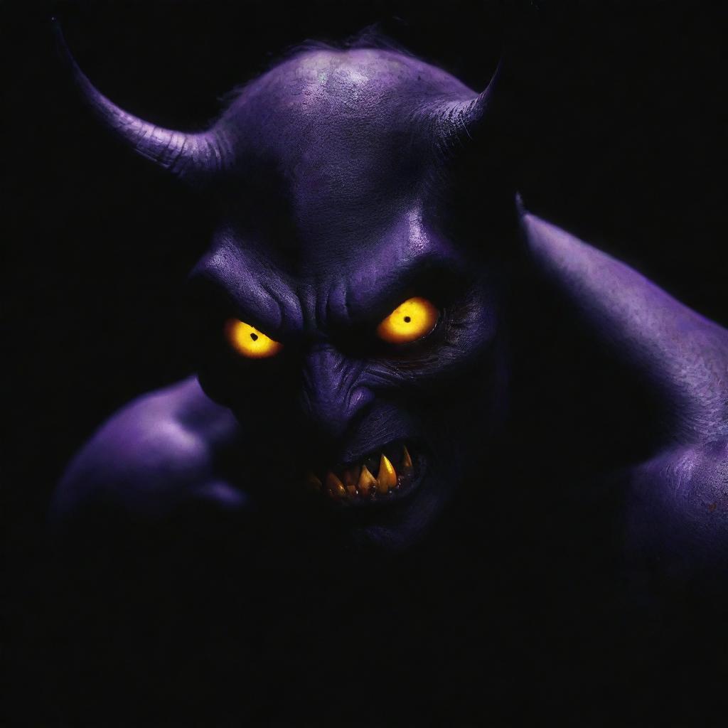 A shadowy demon in a deep shade of purple, with piercing, glowing yellow eyes, lurking ominously in the darkness.