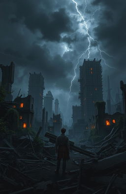 A dark apocalyptic landscape showcasing a desolate city in ruins, with crumbling skyscrapers and overgrown vegetation reclaiming the structures