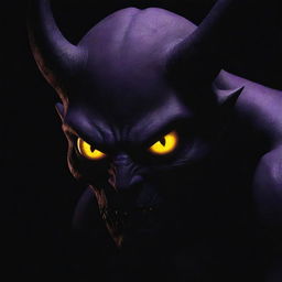 A shadowy demon in a deep shade of purple, with piercing, glowing yellow eyes, lurking ominously in the darkness.