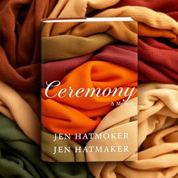 A stunning book cover design for "Ceremony: A Memoir" by Jen Hatmaker, featuring a background of beautifully wrapped scarves in rich earth tones