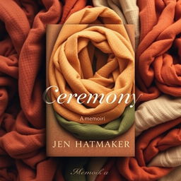 A stunning book cover design for "Ceremony: A Memoir" by Jen Hatmaker, featuring a background of beautifully wrapped scarves in rich earth tones