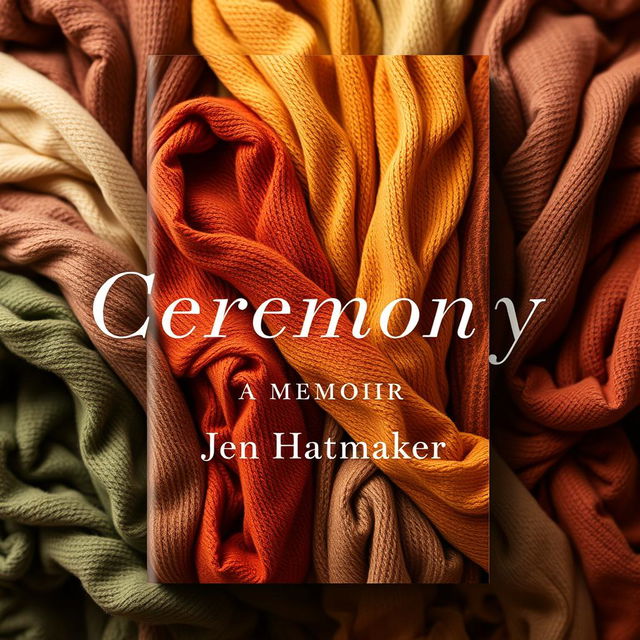 A stunning book cover design for "Ceremony: A Memoir" by Jen Hatmaker, featuring a background of beautifully wrapped scarves in rich earth tones