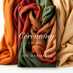 A stunning book cover design for "Ceremony: A Memoir" by Jen Hatmaker, featuring a background of beautifully wrapped scarves in rich earth tones