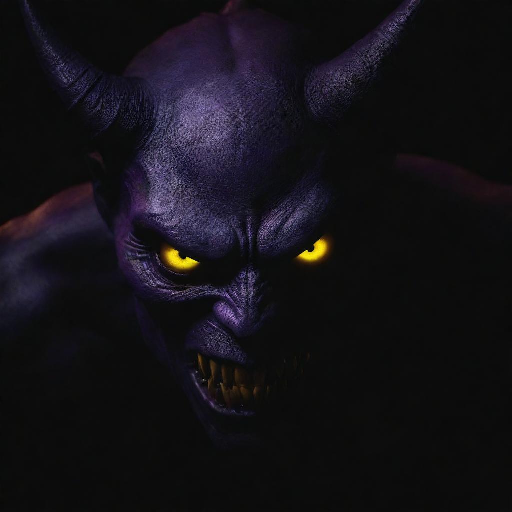 A shadowy demon in a deep shade of purple, with piercing, glowing yellow eyes, lurking ominously in the darkness.