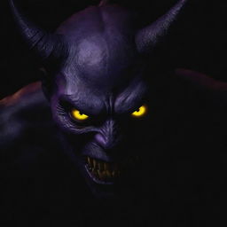 A shadowy demon in a deep shade of purple, with piercing, glowing yellow eyes, lurking ominously in the darkness.