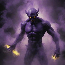 The shadowy demon now has a body made entirely of swirling, purple smoke, its glowing yellow eyes pierce through the haze.