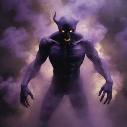 The shadowy demon now has a body made entirely of swirling, purple smoke, its glowing yellow eyes pierce through the haze.