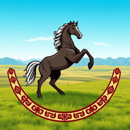 A medieval emblem featuring a noble horse standing on its hind legs, set in a vast Mongolian prairie landscape
