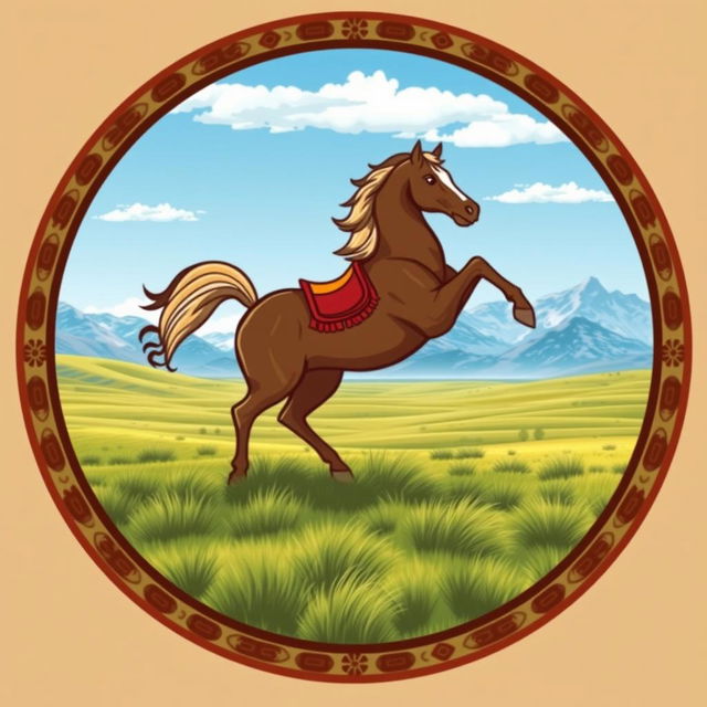 A medieval emblem featuring a noble horse standing on its hind legs, set in a vast Mongolian prairie landscape