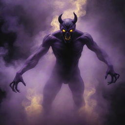 The shadowy demon now has a body made entirely of swirling, purple smoke, its glowing yellow eyes pierce through the haze.