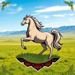 A medieval emblem featuring a noble horse standing on its hind legs, set in a vast Mongolian prairie landscape