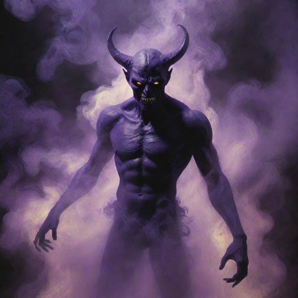 The shadowy demon now has a body made entirely of swirling, purple smoke, its glowing yellow eyes pierce through the haze.