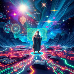 An imaginative and futuristic depiction of 'Logika Informatika', showcasing the intersection of logic and technology