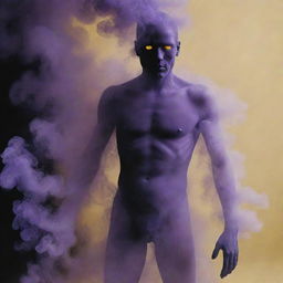 A shadowy figure, the entire body, including its head, limbs, and torso, made entirely of turbulent, purple smoke