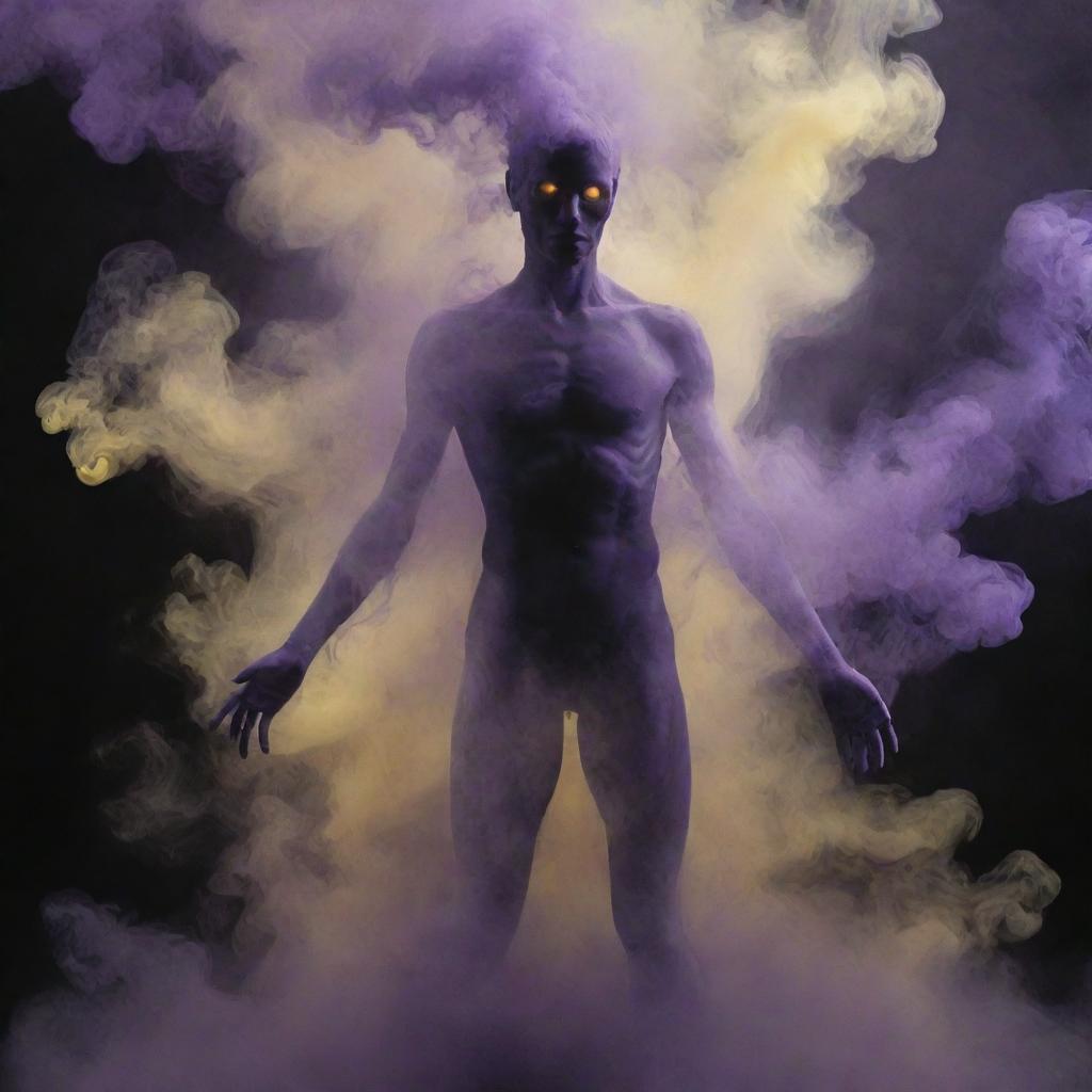 A shadowy figure, the entire body, including its head, limbs, and torso, made entirely of turbulent, purple smoke