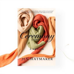 An inviting book cover design for "Ceremony: A Memoir" by Jen Hatmaker, featuring a background of elegantly wrapped scarves in warm earth tones against a light, airy backdrop
