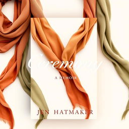 An inviting book cover design for "Ceremony: A Memoir" by Jen Hatmaker, featuring a background of elegantly wrapped scarves in warm earth tones against a light, airy backdrop