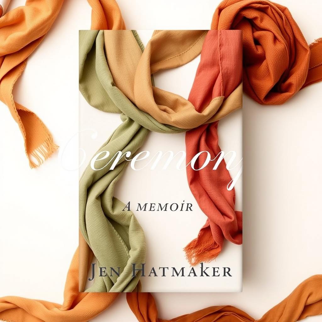 An inviting book cover design for "Ceremony: A Memoir" by Jen Hatmaker, featuring a background of elegantly wrapped scarves in warm earth tones against a light, airy backdrop