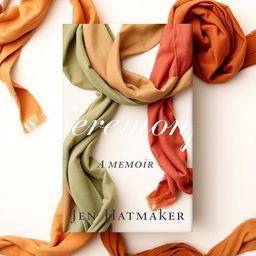 An inviting book cover design for "Ceremony: A Memoir" by Jen Hatmaker, featuring a background of elegantly wrapped scarves in warm earth tones against a light, airy backdrop