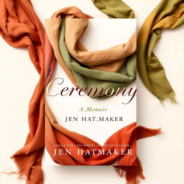 An inviting book cover design for "Ceremony: A Memoir" by Jen Hatmaker, featuring a background of elegantly wrapped scarves in warm earth tones against a light, airy backdrop