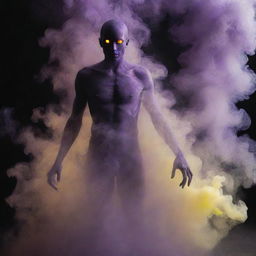 A shadowy figure, the entire body, including its head, limbs, and torso, made entirely of turbulent, purple smoke