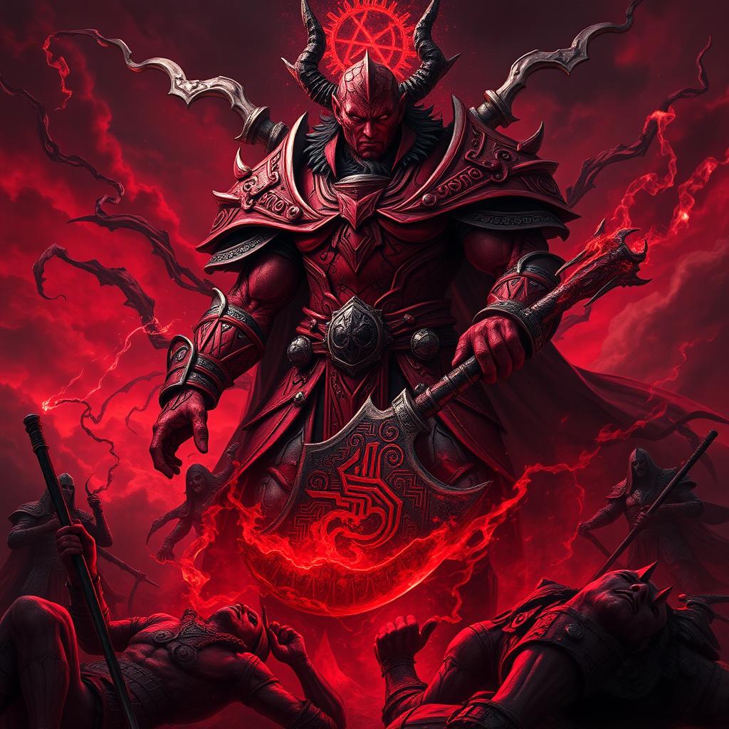 A powerful blood god in a dark fantasy setting, depicted as a towering figure adorned in crimson armor, with intricate, angular designs that reflect ancient runes