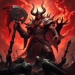 A powerful blood god in a dark fantasy setting, depicted as a towering figure adorned in crimson armor, with intricate, angular designs that reflect ancient runes