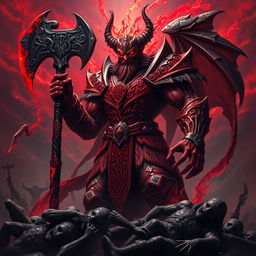 A powerful blood god in a dark fantasy setting, depicted as a towering figure adorned in crimson armor, with intricate, angular designs that reflect ancient runes