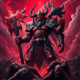 A powerful blood god in a dark fantasy setting, depicted as a towering figure adorned in crimson armor, with intricate, angular designs that reflect ancient runes