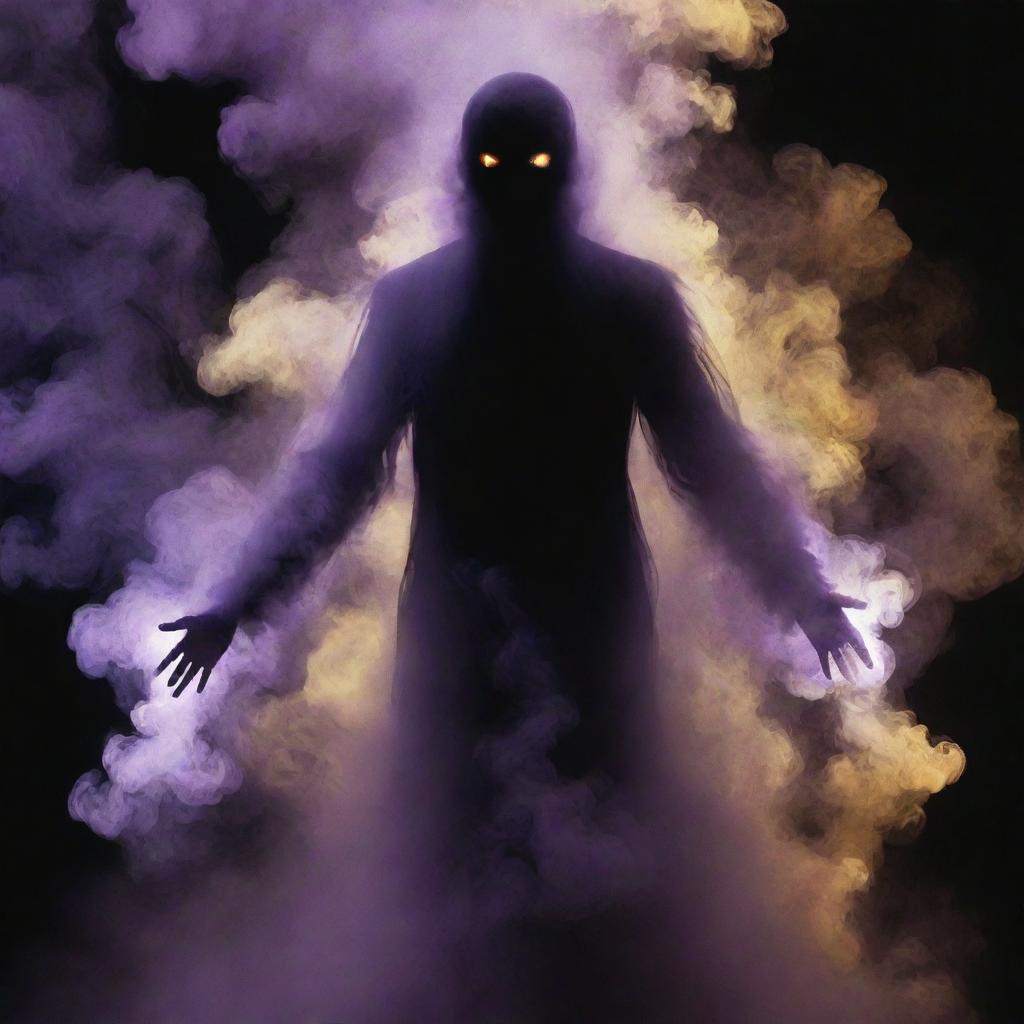 The shadowy figure is now an almost nebulous entity, heavily shrouded in thick, roiling, purple smoke