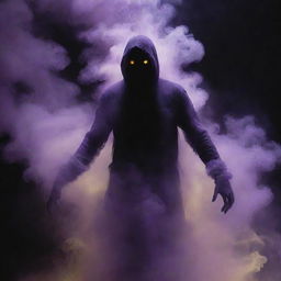 The shadowy figure is now an almost nebulous entity, heavily shrouded in thick, roiling, purple smoke